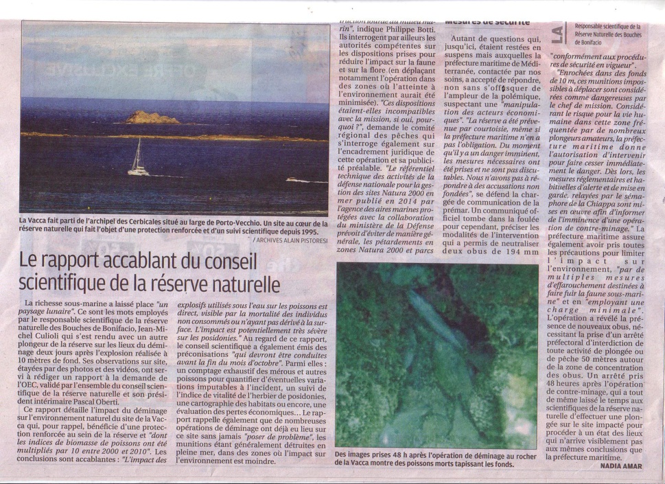 Déminage de la Vacca - réaction du Comité Régional des Pêches et de la prud'homie de Bonifacio