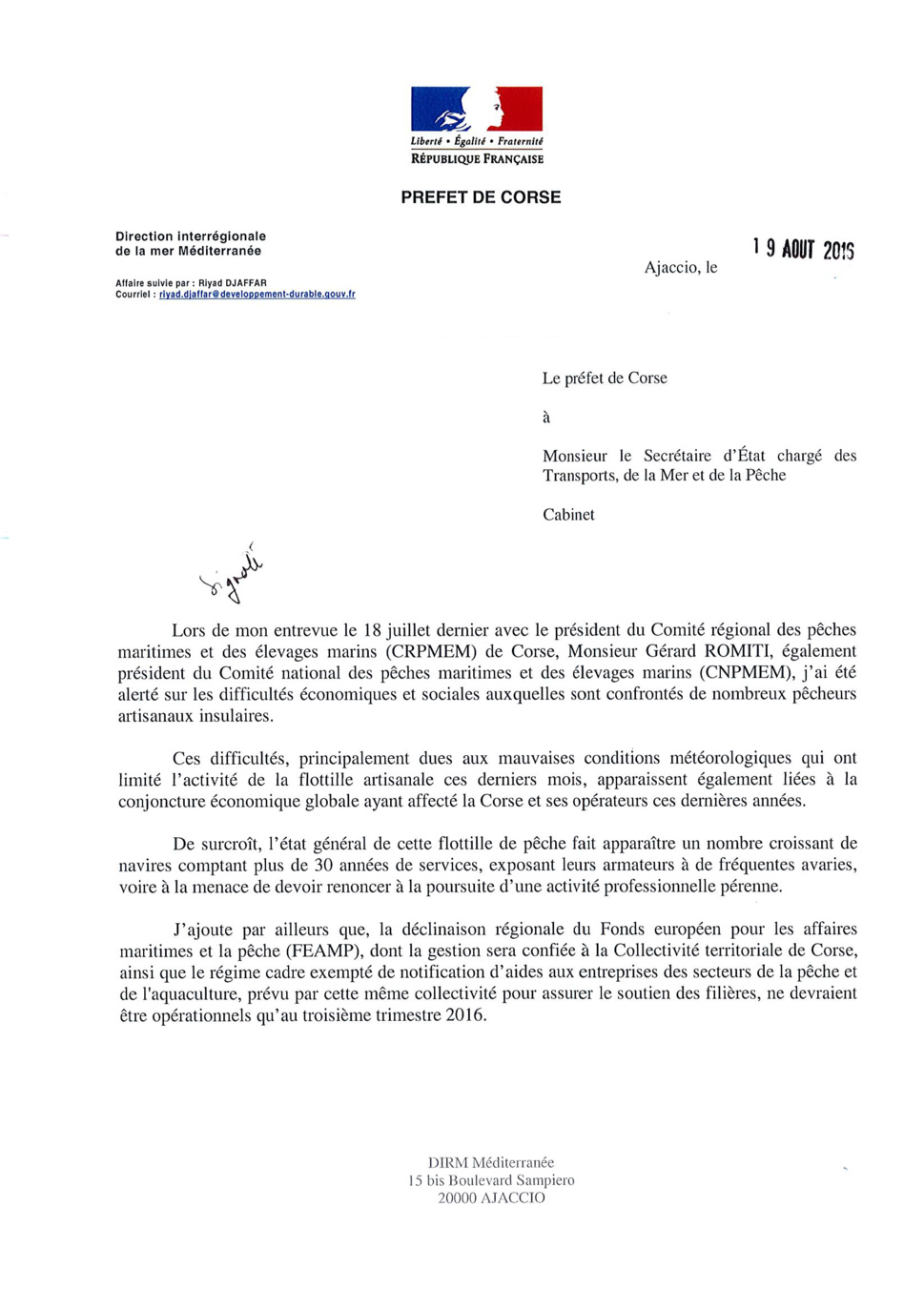 Entrevue du 18 juillet 2016 entre le préfet de corse et le président du CRPMEMC, Gérard ROMITI accompagné des prud'hommes