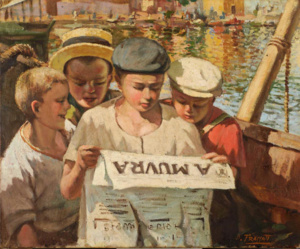 Dominique   FRASSATI  (Corte 1896 - 1947 ).  Quatre jeunes pêcheurs du port d’Ajaccio lisant A Muvra  Huile sur toile  60 x 72 cm (1936). Département Peinture Corse, Galerie  Palais Fesch Musée des beaux-arts Ajaccio