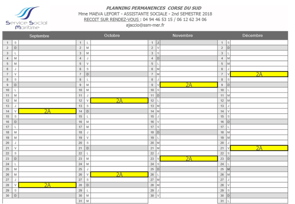 Planning des visites de l'assistante sociale sur Ajaccio