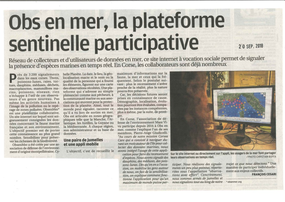 ⛵️Articles du Corse Matin concernant la plateforme Obs en mer ⛵️Articles du Corse Matin concernant la plateforme Obs en mer