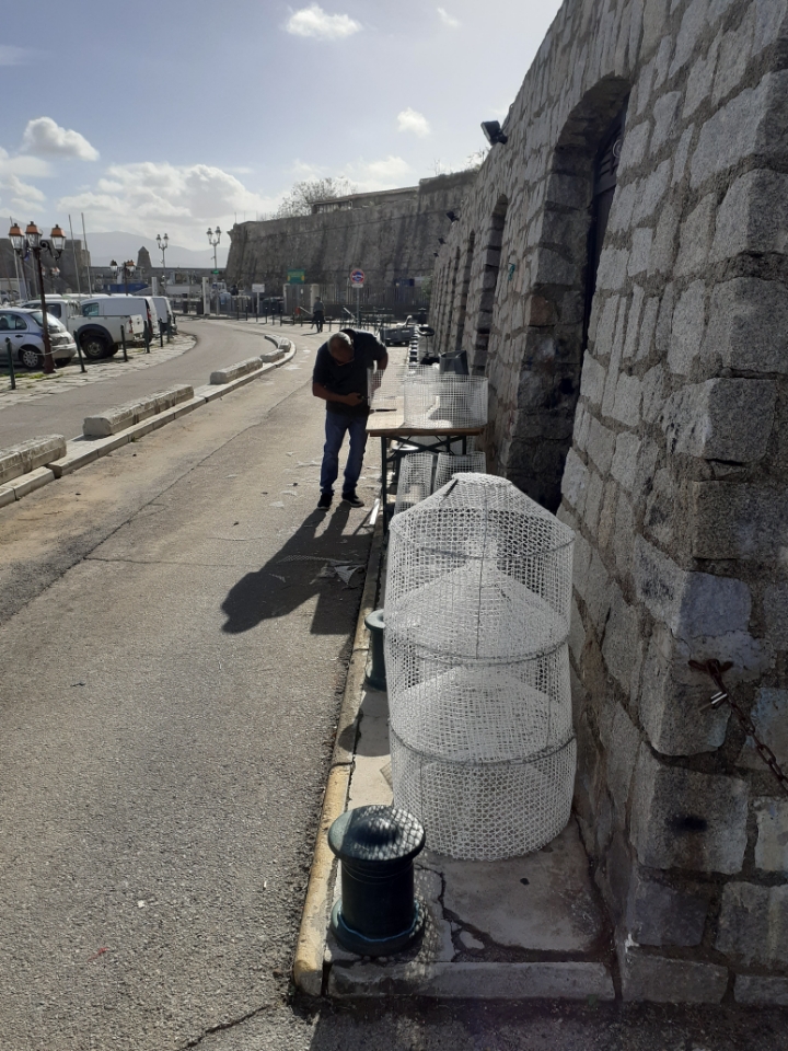 Michel SERRERI, Patron Pêcheur à Ajaccio confectionne ses nasses à crevette sur le Port Tino Rossi