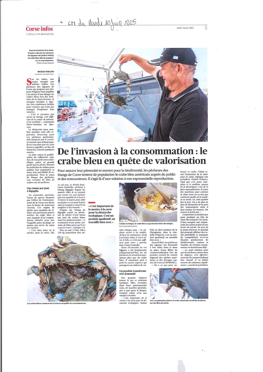 Jean Louis Guiatella qui travaille sur l'étang de Biguglia est directement impacté par l'invasion du crabe bleu mais cherche des solutions