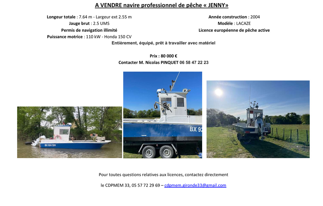 A Vendre navire professionnel de pêche "jenny"