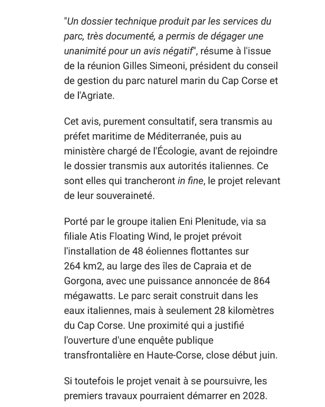 PNMCCA donne un avis défavorable au projet du parc éolien italien