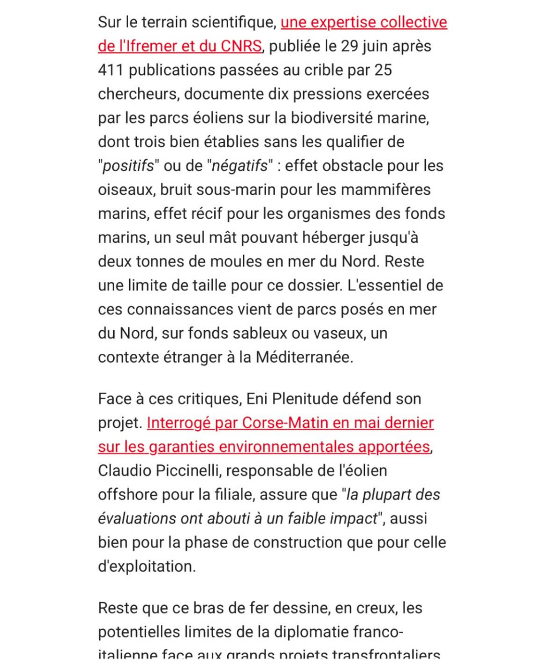 PNMCCA donne un avis défavorable au projet du parc éolien italien