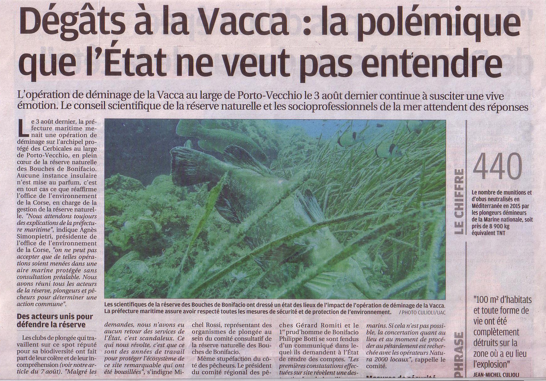 Déminage de la Vacca - réaction du Comité Régional des Pêches et de la prud'homie de Bonifacio