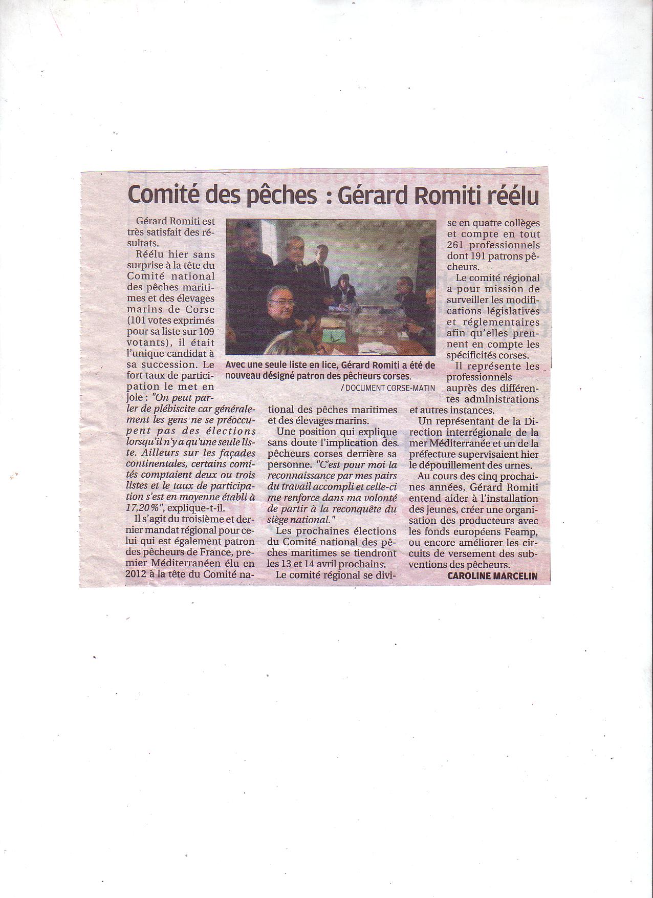 Election du 12 et 13 janvier 2017. Gérard Romiti réélu pour 5 ans à la tête du CRPMEM de Corse.