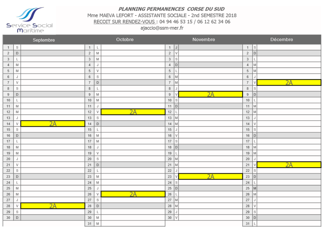Planning des visites de l'assistante sociale sur Ajaccio