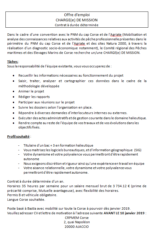 Offre d'emploi de chargé(e) de mission PNM