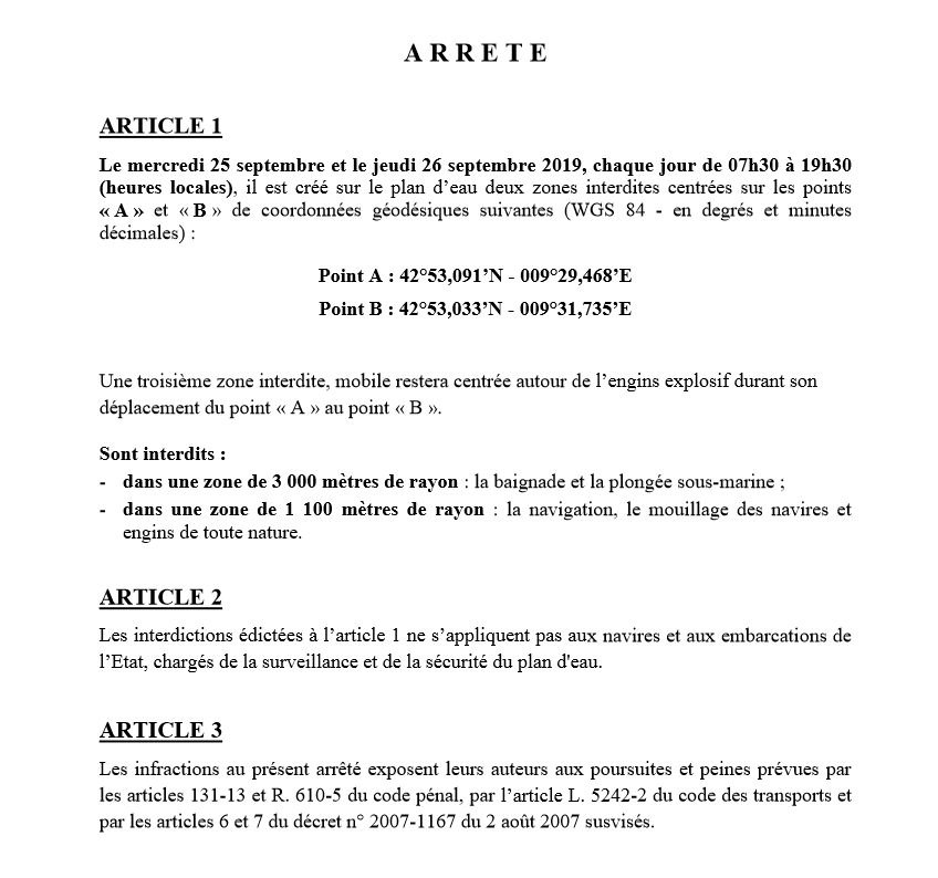 Arreté préfectoral engin explosif Santa Severa