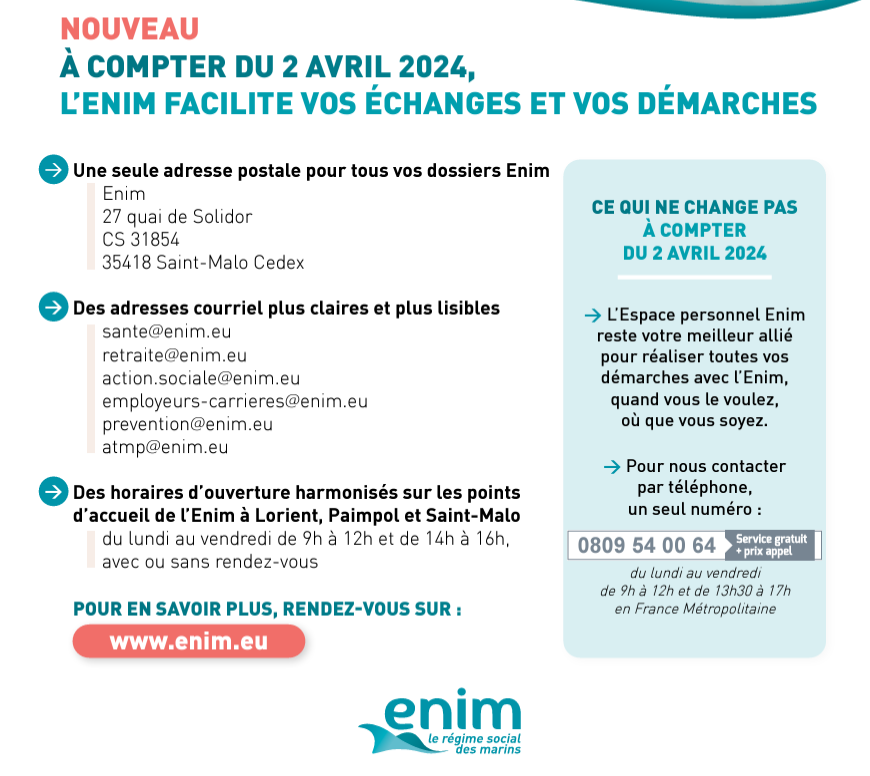 À COMPTER DU 2 AVRIL 2024, L'ENIM FACILITE LES ÉCHANGES ET LES DÉMARCHES  DE SES RESSORTISSANTS