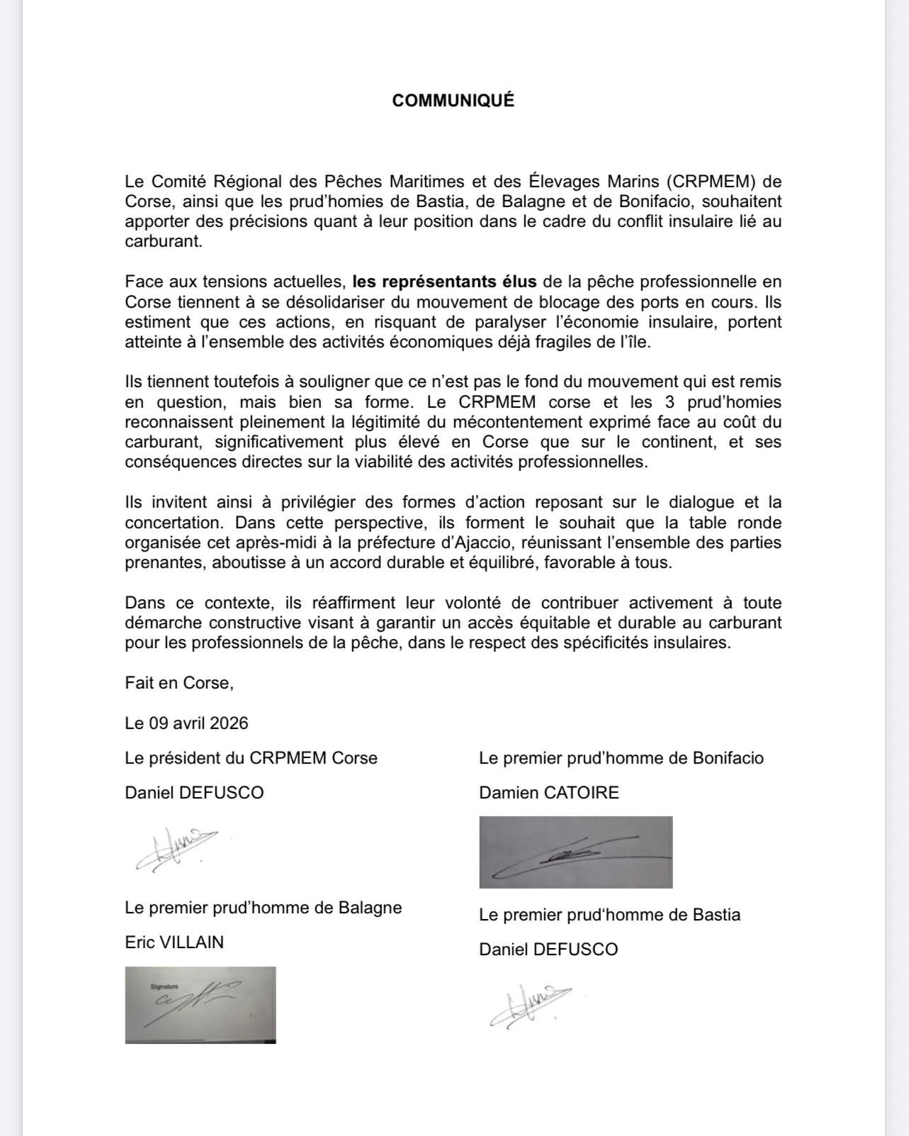 Communiqué officiel du CRPMEM Corse