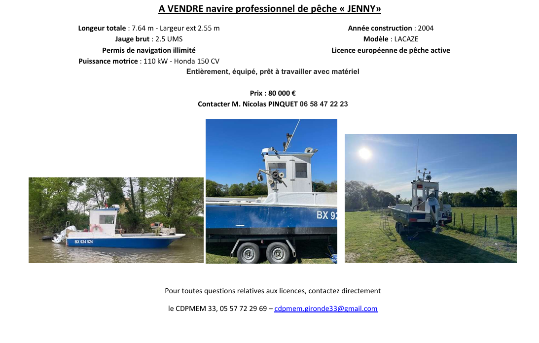 A Vendre navire professionnel de pêche "jenny"
