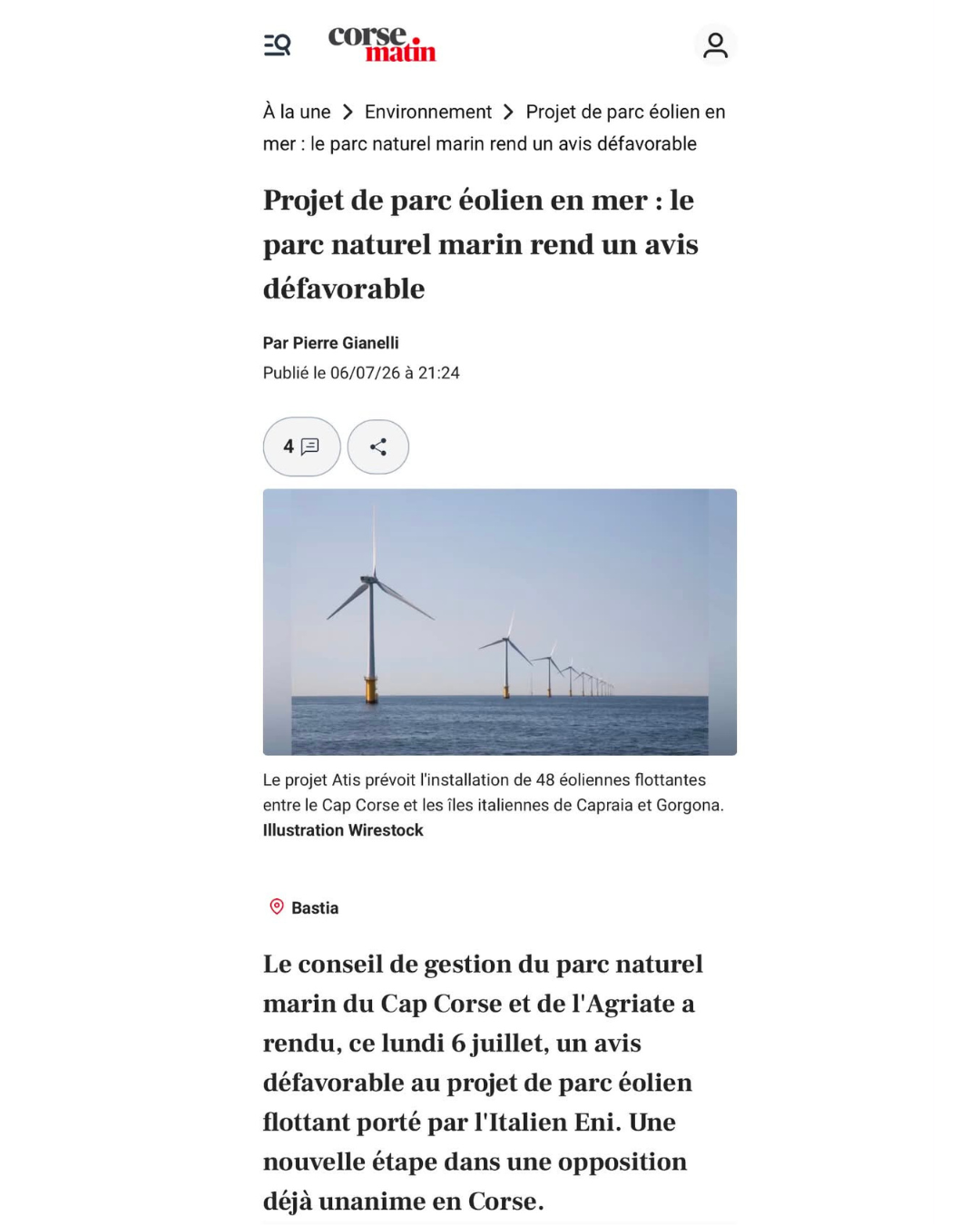 PNMCCA donne un avis défavorable au projet du parc éolien italien