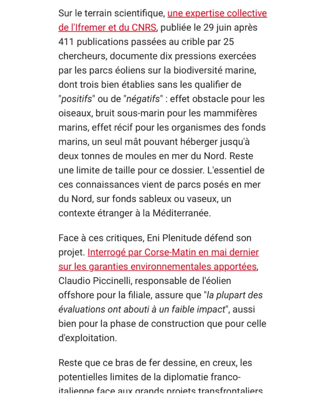 PNMCCA donne un avis défavorable au projet du parc éolien italien