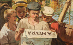 Dominique   FRASSATI  (Corte 1896 - 1947 ).  Quatre jeunes pêcheurs du port d’Ajaccio lisant A Muvra  Huile sur toile  60 x 72 cm (1936). Département Peinture Corse, Galerie  Palais Fesch Musée des beaux-arts Ajaccio